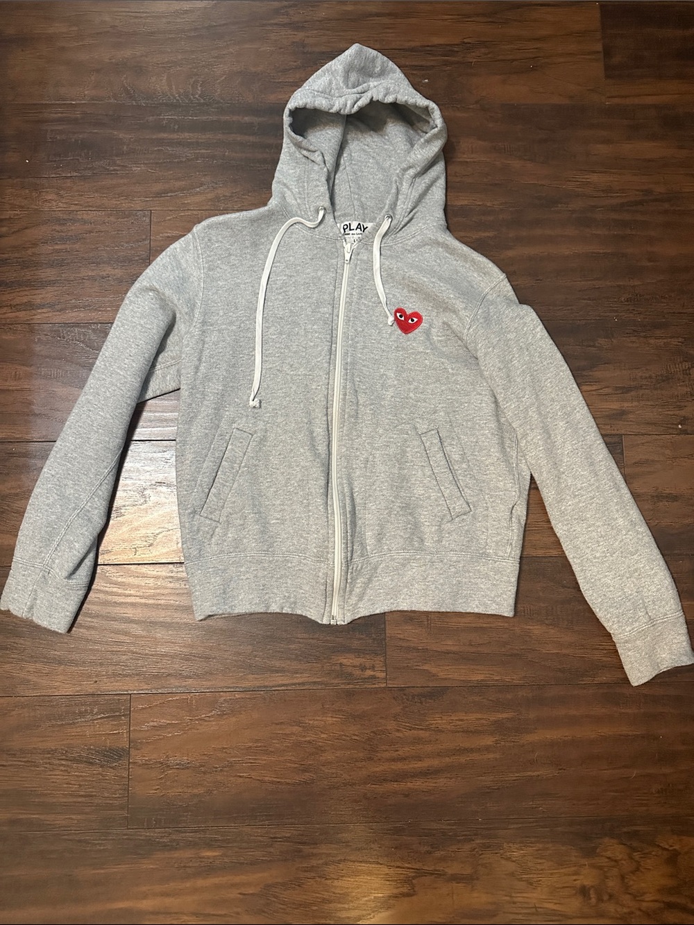 Comme des Garcons PLAY Light Gray Zip Hoodie with Red Heart